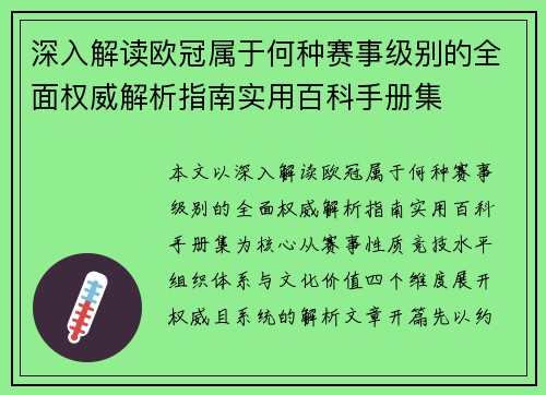 深入解读欧冠属于何种赛事级别的全面权威解析指南实用百科手册集