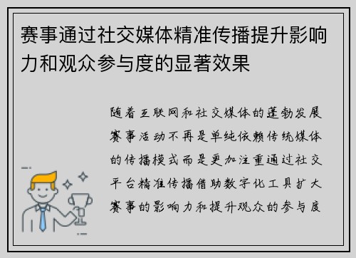 赛事通过社交媒体精准传播提升影响力和观众参与度的显著效果